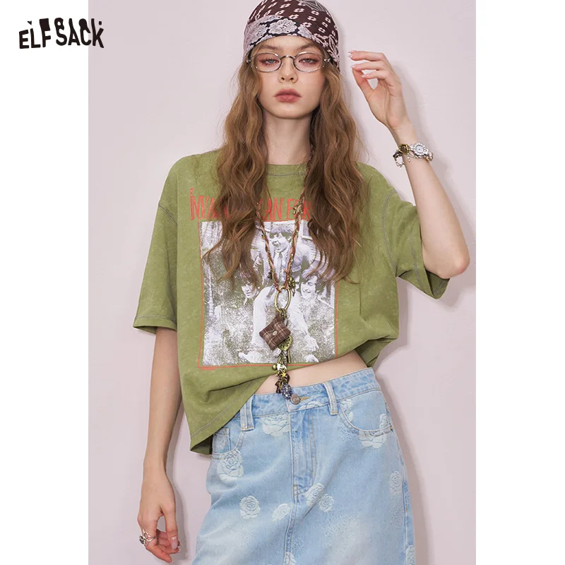 

ELFSACK 2025 Summer New Arrival Cool Vintage Print Short Sleeve Graphic T-shirt For Woman