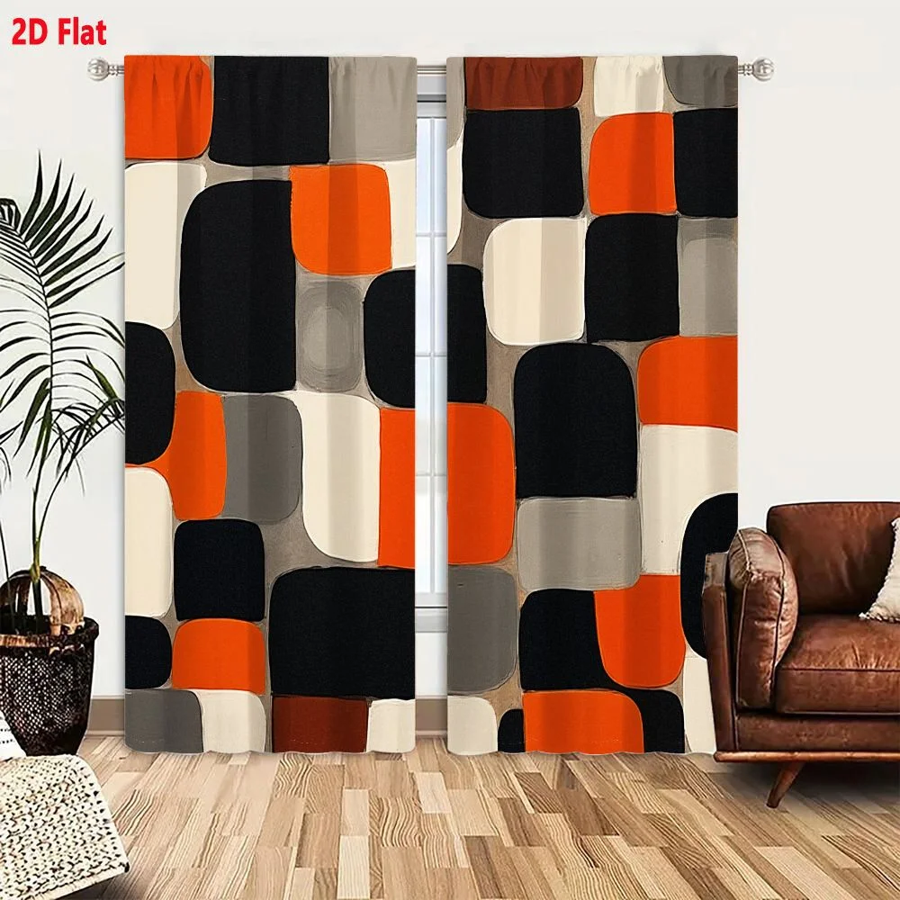 2Pcs Curtains 2D Flat Abstract Geometric Composition With Rounded Rectangles And Squares In Warm Orange Black Cream Gray And Bro