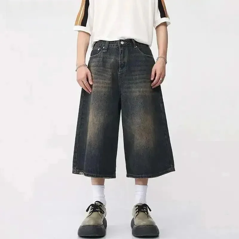 IEFB Korean Style Vintage Men's Jeans Summer Loose Wide Legged Casual Comfortable Cotton Blend Fabric plus Size Shorts