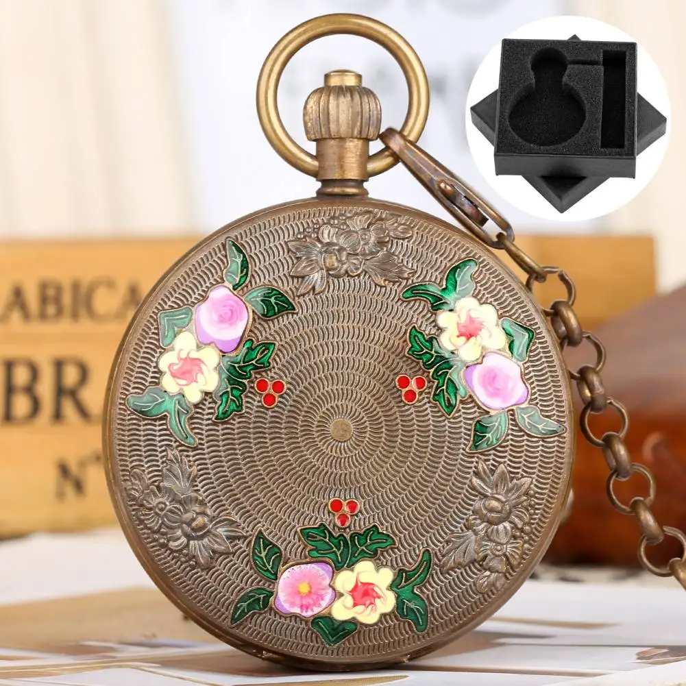 Charm Vintage Flowers Decor Bronze Copper Mechanical Self Winding Pocket Watch Luxury Retro Pendant Timepiece with Pocket Chain