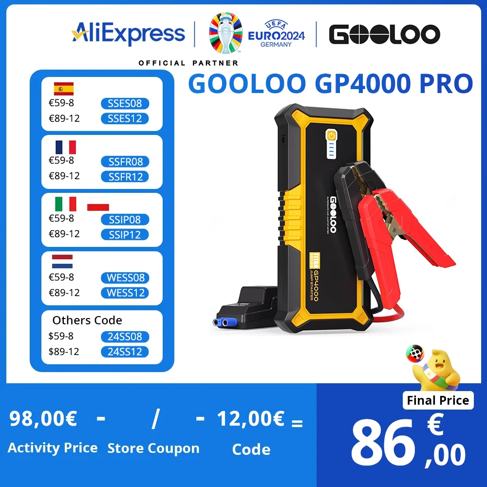 GOOLOO GP4000 PRO Jump Starter, 26800mAh Power Bank, 4000A Peak, 15V 10A DC Output, 1W White LED, 10L Diesel