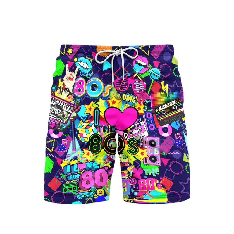 3d Print Music Party 80s Style Beach Short For Men's Clothing Trend Vintage Hawaiian Shorts Hip Hop Board Shorts For Men