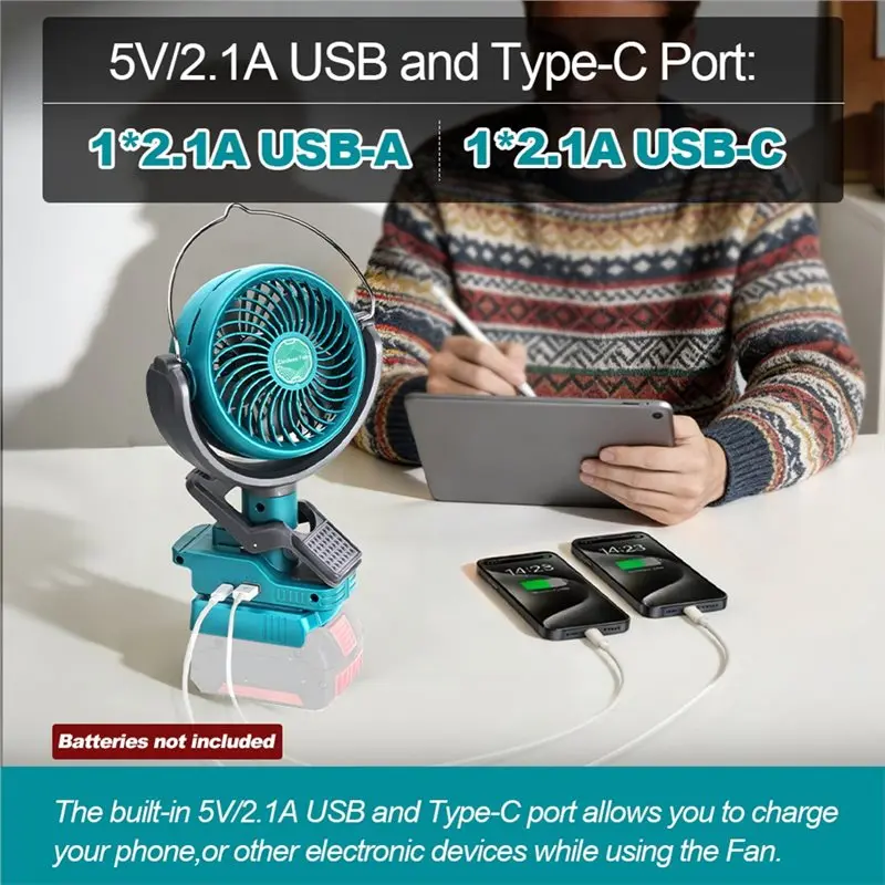 A006-For Stroller Clip Fan Cordless For Bosch 18V Battery 2 Speed Dual USB Portable Cooler Fan For Outdoor Camping