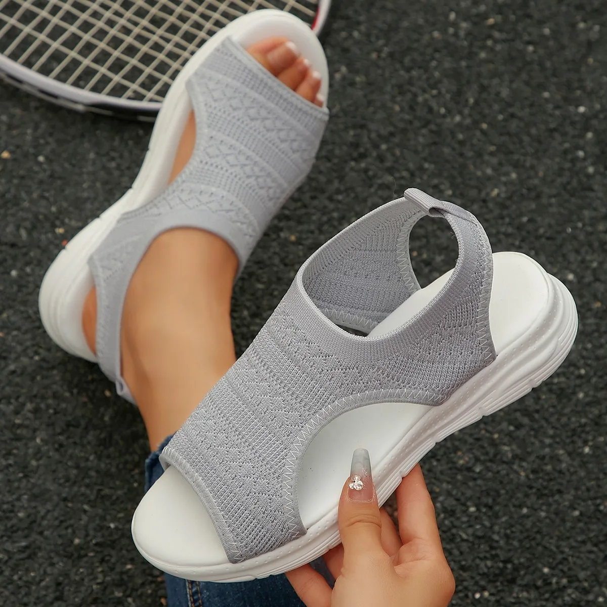 Women's Knit Elastic Cloth Wedge Sandals Slip on Lightweight Walking Sandals Ladies Plus Size Comfortable Summer Shoes for Women image 5