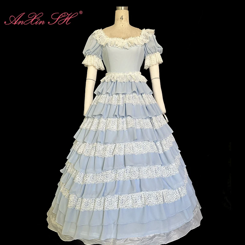 

AnXin SH vintage princess blue chiffon ruffles white flower lace sweetheart short puff sleeve zipper customized evening dress