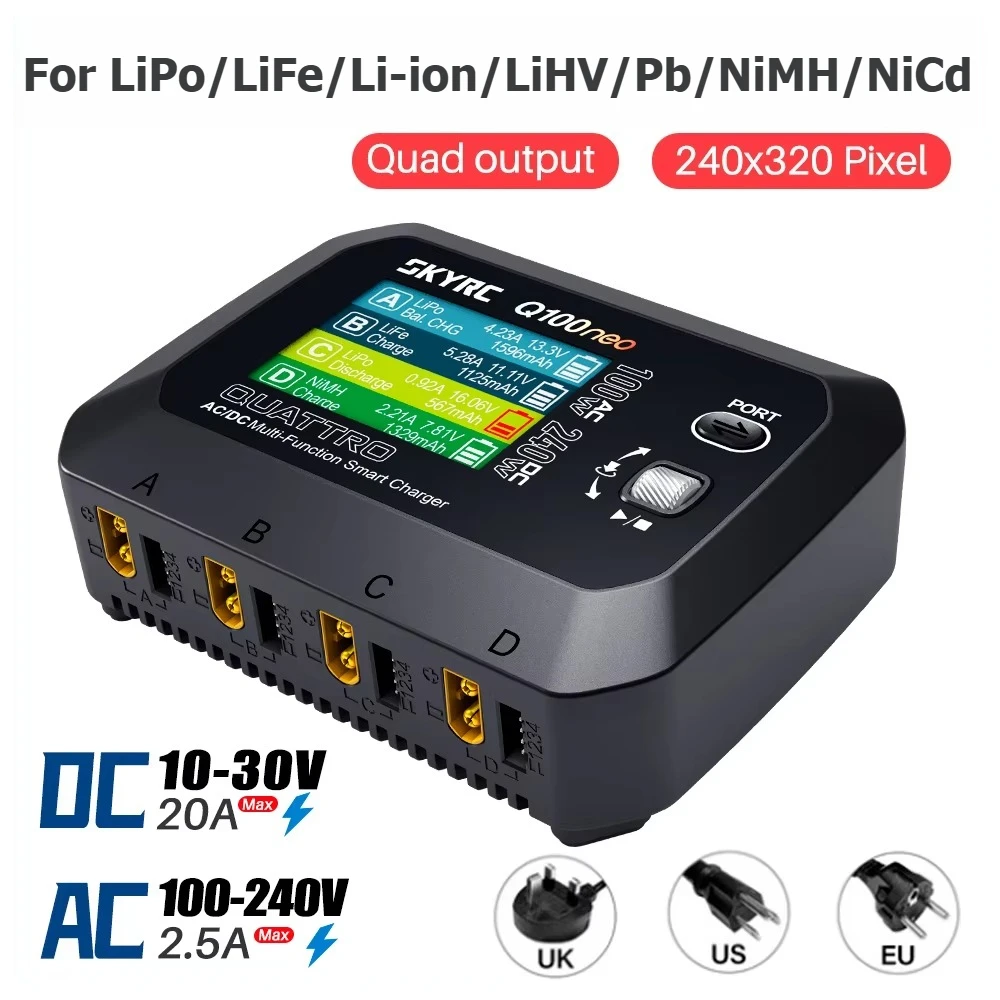 SkyRC Q100neo 4-Channel Independent Output Multi-Function Smart Charger For LiPo/LiHV/LiFe/Lilon/NiMH/NiCd/Pb RC Battery Charger