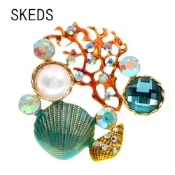 SKEDS Fashion Exquisite Women Shell Tree Brooches Retro Luxury Large Rhinestone Pearl Broche Lady Natural Conch Pins Gift Brooch