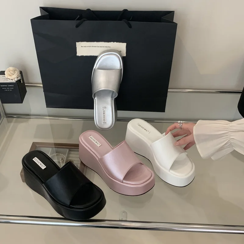 Pink Wedges Chunky Heels Slippers Ladies Summer Sandals Platforms Heels Leisure Black Sandals Shoes Femme Footwear 2025