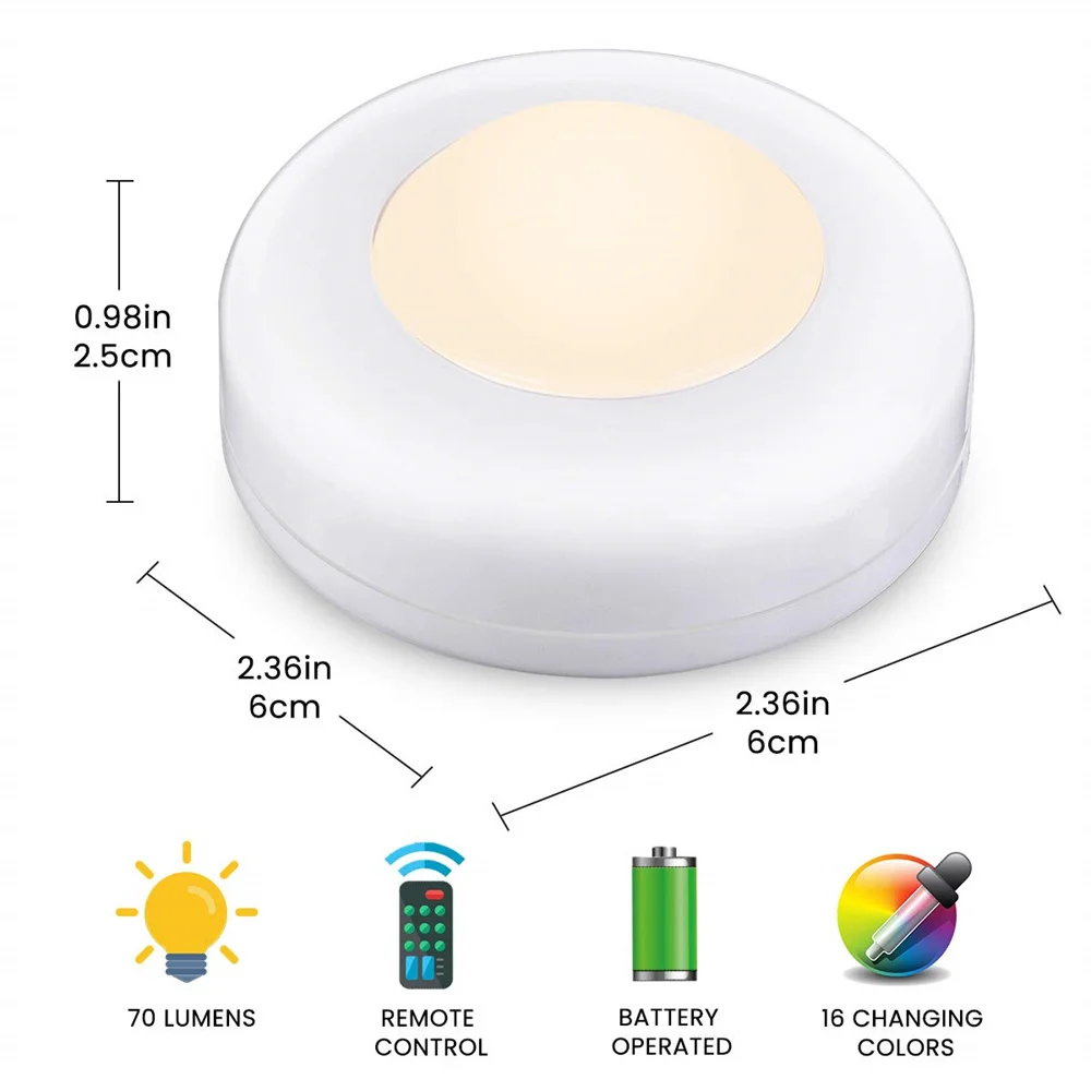 RGB 16 Colors Cabinet Lights Remote Control Dimmable LED Puck Light for Bedroom Living Room Cupboard Wardrobe Closet Stair Decor