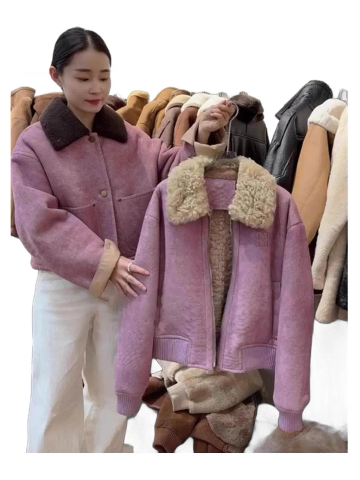 Coreano sle roxo fce forrado pele jaet feminino inverno 2024 novo tamanho pequeno super bonito integrado couro e casaco de pele