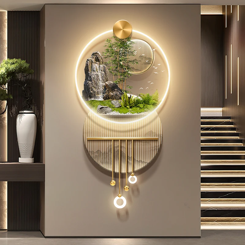 New Chinese-style entrance wall lamp, flowing water generating wealth, overpass hanging painting, landscape corridor, luminous