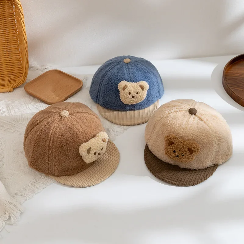 Autumn Winter Boy Girl Baby Baseball Caps New Korean Version Cap Cartoon Bear Thick Warm Kids Toddler Hip Hop Tide Hat 6-24M