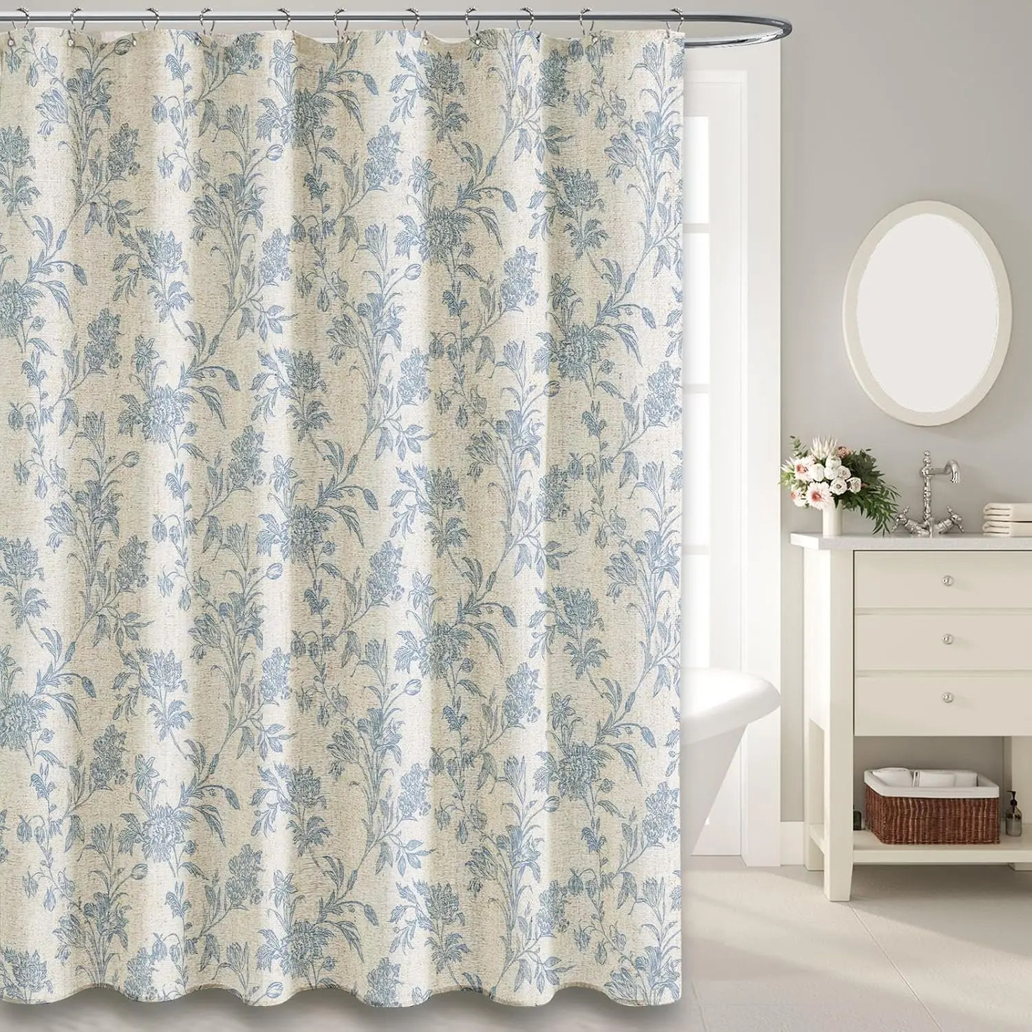 Blauer Duschvorhang, floraler Baumwoll-Duschvorhang für Badezimmer, ländlicher und pastoraler Stil, kleiner Kunststoffvorhang mit frischen Blumen