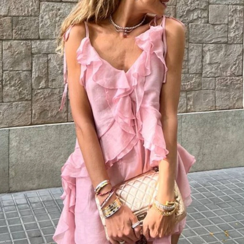 

TARUXY Women's Ruffled Strap Top 2026 Summer New Deep V-Neck Elegant Ruffled Asymmetrical Hem Straps Top Female Party Travel Top