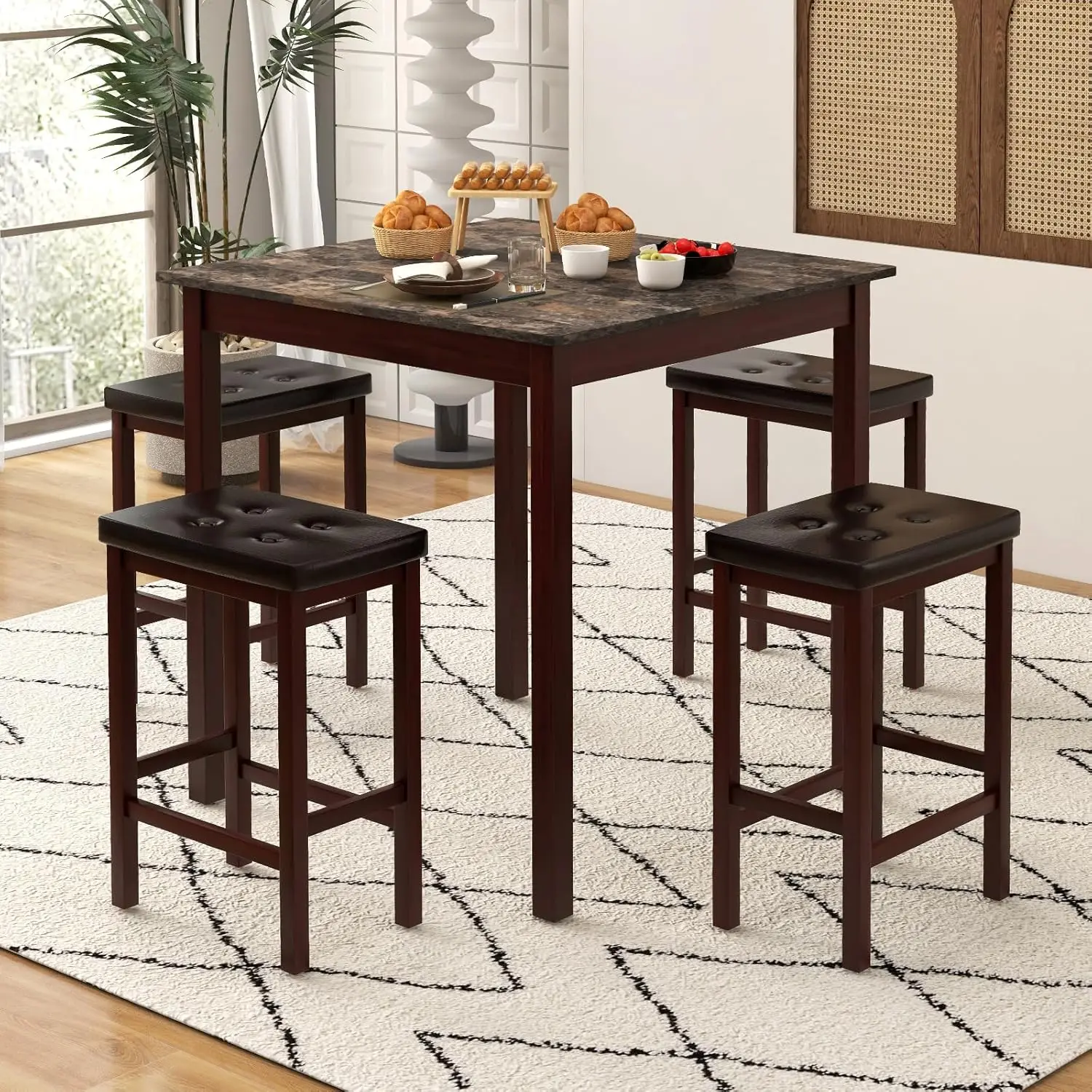 Counter Height Dining Set for 4, Brown Kitchen Table with 4 Bar Stools, Space-Saving Breakfast Nook Set