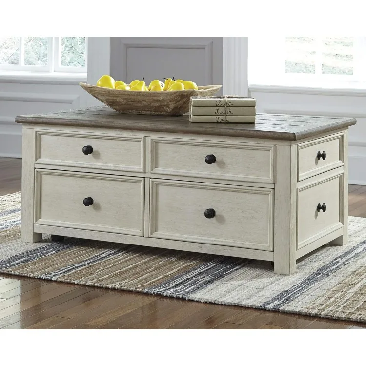 Ashley Bolanburg Farmhouse Lift Top Coffee Table with Drawers, Antique Cream & Brown