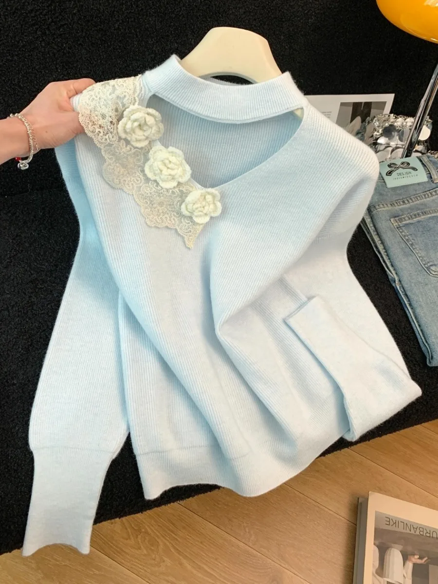 المرأة محبوك سترة الجوف خارج عالية الياقة ثلاثية الأبعاد زهرة تصميم الخريف الشتاء جديد Sle النسخة الكورية سليم صالح Camere