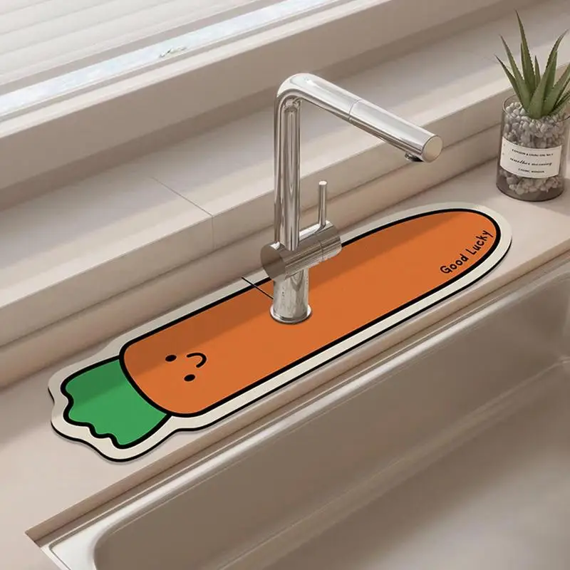 Kitchen Faucet Splash Guard Super Absorbent Cute Cartoon Dish Drying Pad Behind Faucet Splash-Proof Non-Slip Fast Drying Faucet