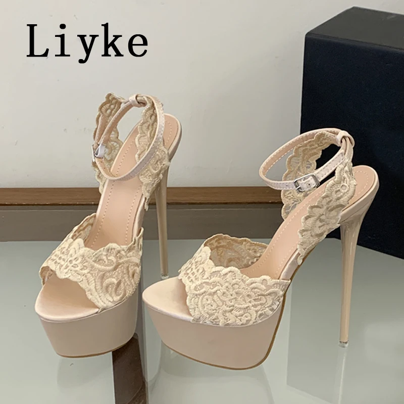 

Женские сексуальные босоножки Liyke с кружевной вышивкой и ремешком на щиколотке, 16 см, на платформе, с открытым носком, для вечеринок, в стиле стриптиз-шоу