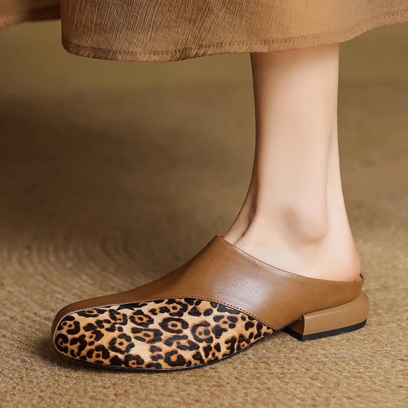 

2025 New Fashion Horsehair Mueller Slippers Women Flats Shoes Woman Genuine Leather Round Toe Summer Casual Slippers 34-40