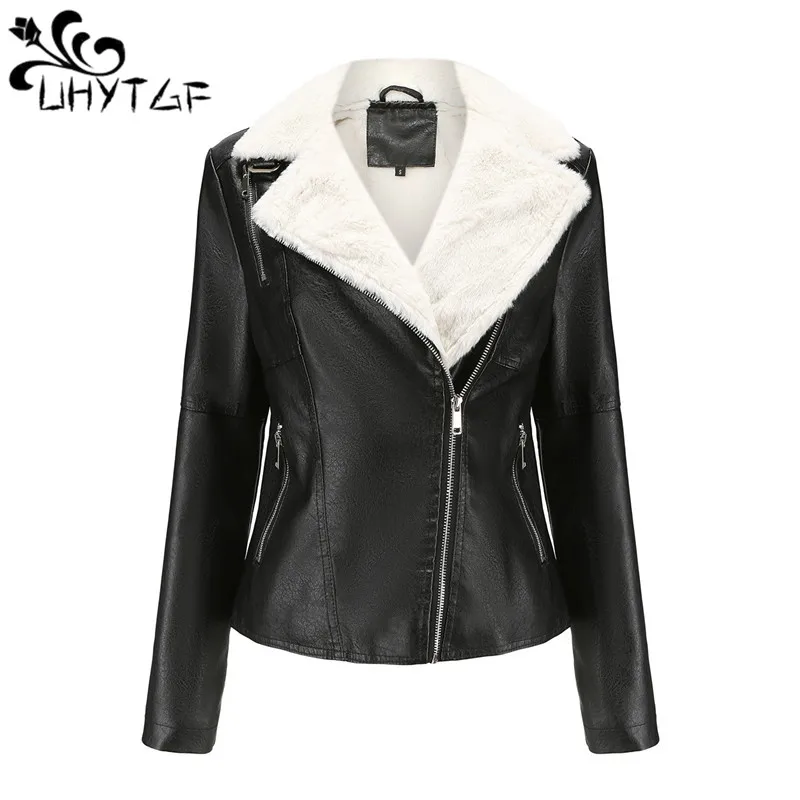 

UHYTGF Leather Jackets For Women Free Shipping Plush Long Sleeve Warm Autumn Winter PU Fake Leather Coat Female Outerwear 2748