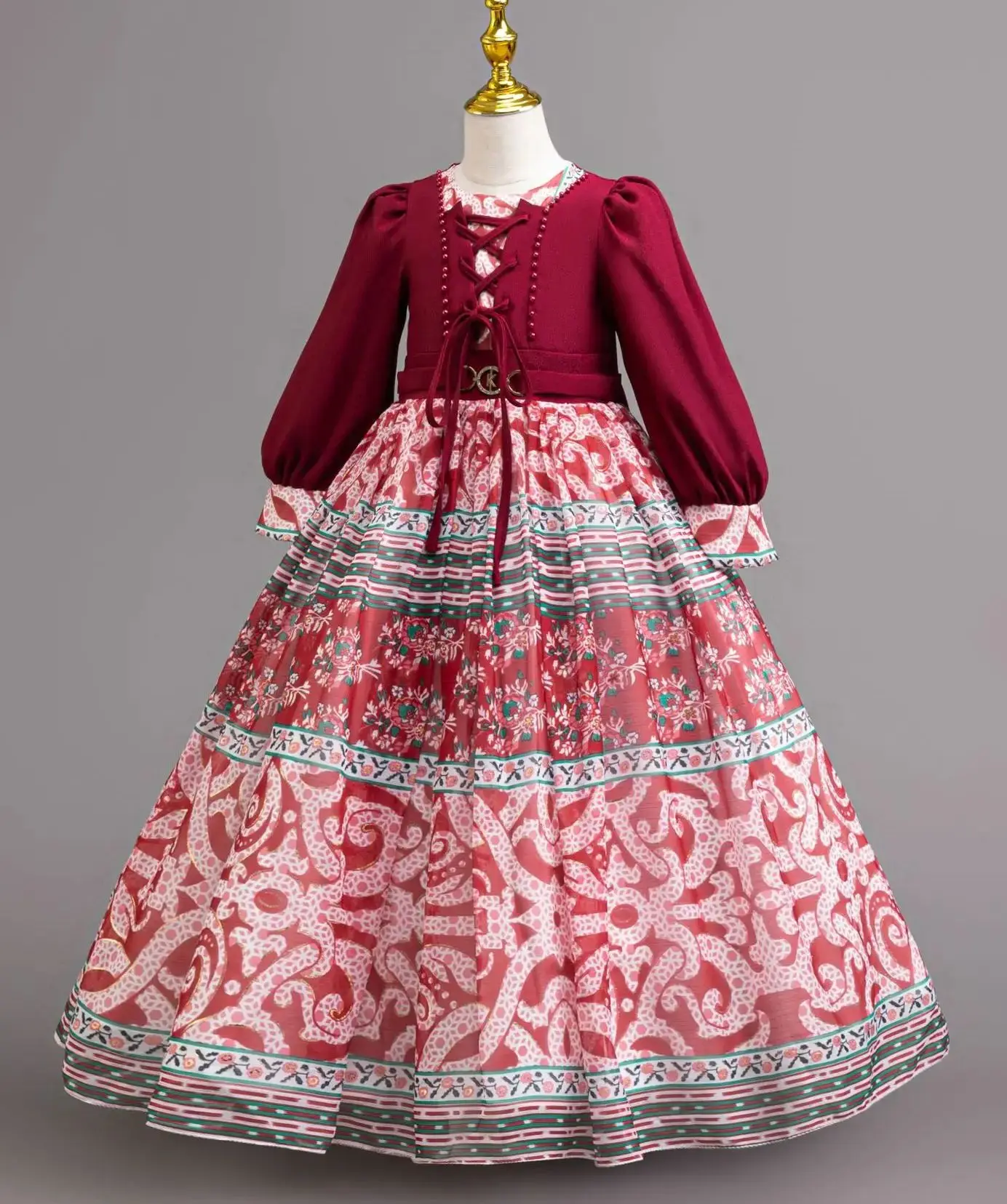 

New Children Girls Print Dress Chiffon Long Sleeve Girl Ceremonial Dresses Christmas Kid Clothes 4 to 12T