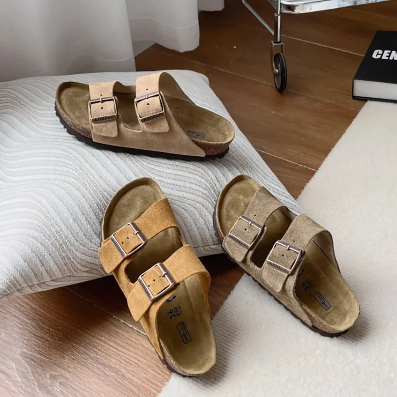 Letnie grube sandały kapcie męskie moda nubuk Birkenstocks damskie pantofle korkowe Casual Beach podwójna klamra antypoślizgowe slajdy