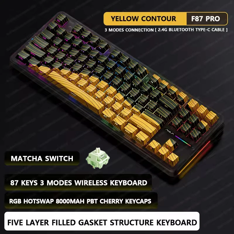 AULA F87Pro Mechanical Keyboard 2.4g/Usb/Bluetooth Tri Mode Wireless 87 Key 5 Layer Silencing Filling Suitable For Gaming+Typing
