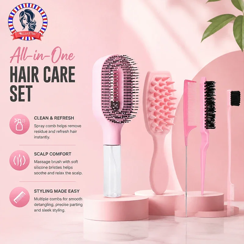 

5Pcs Professional Hair Care Kit Pink with Spray Comb, Scalp Massage Brush, Rat Tail Comb & Edge Tools for Salon & Home Styling
