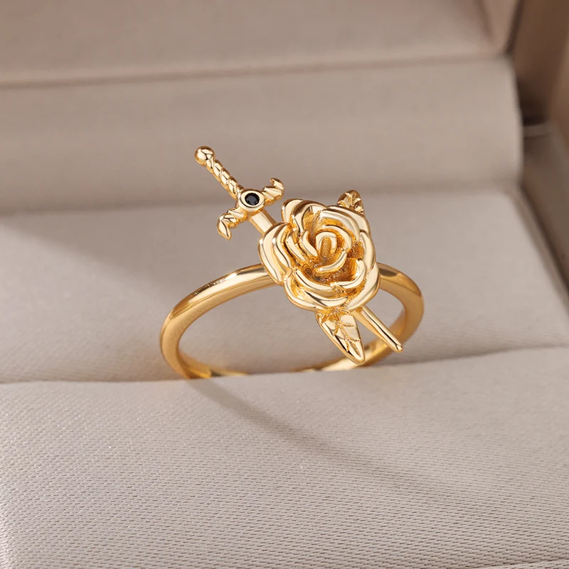 Vintage Rose Flower Sword Pendants Rings For Women Stainless Steel Romantic Flower Finger Couple Ring Wedding  Jewelry Gift 2025