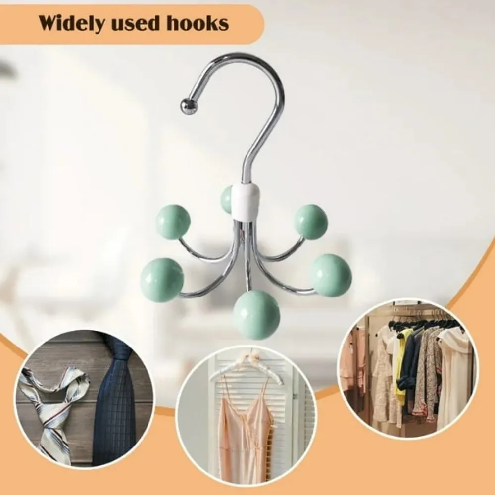 Iron Wooden Ball Swivel Hook Wardrobe 360° Rotatable Multifunctional Hanger Hat & Underwear Six Claw Hook