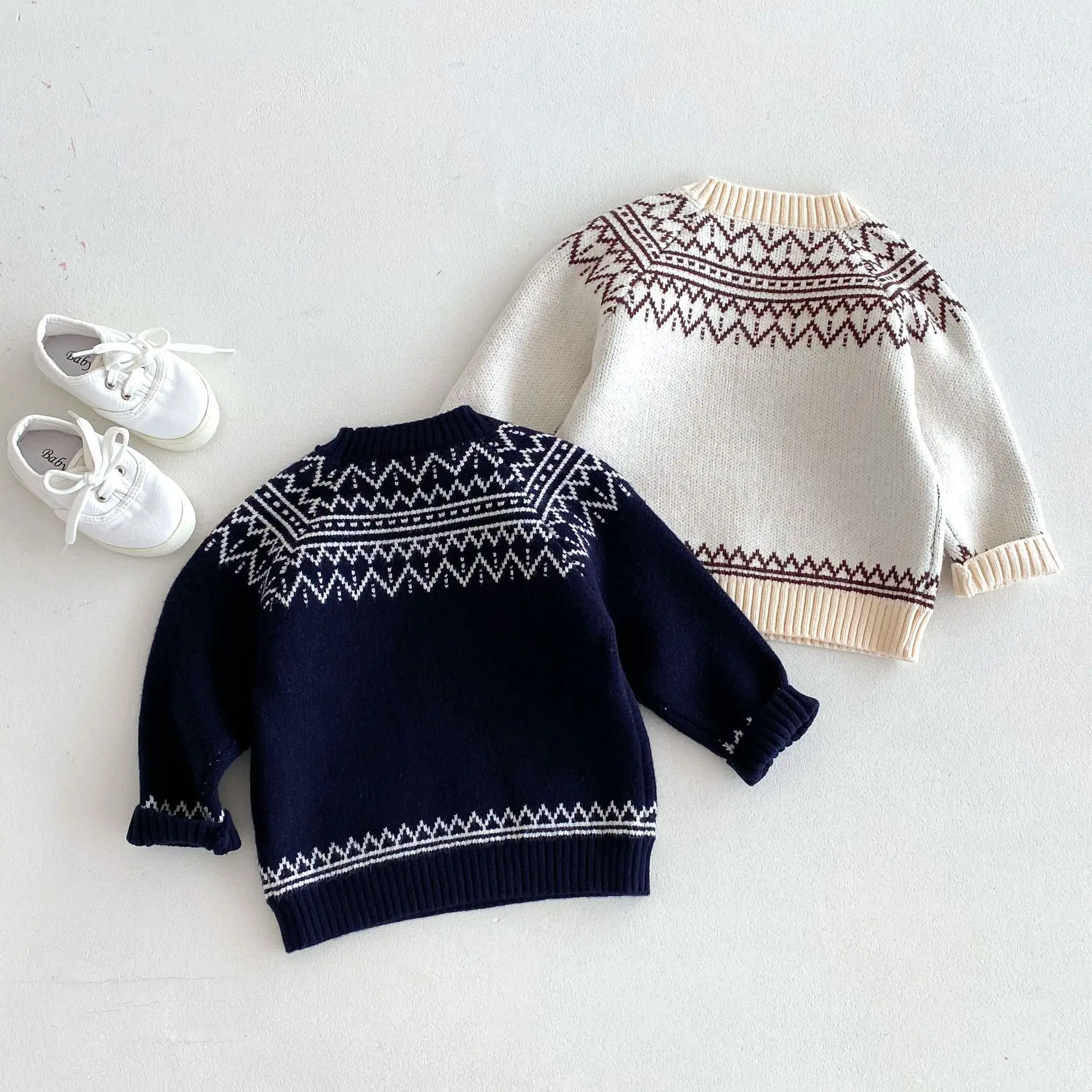 Autumn New Children Wave Jacquard Sweater Cotton Boys Girls Casual Knitwear Baby Long Sleeve Knitted Pullover Tops Kids Clothes