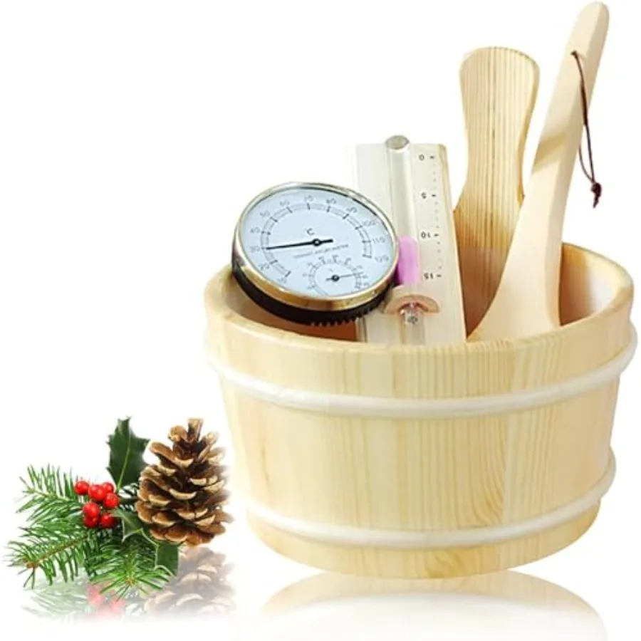 

Home sauna bucket and ladle set: cedar wood, natural color, 5-piece kit includes 4L bucket, ladle, thermometer hygrometer, hour