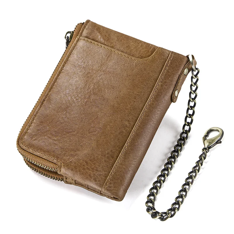 Genuine Leather Men RFID Wallet with Anti Theft Chain Card Holders Male Short Double Zipper Coin Purse Vintage