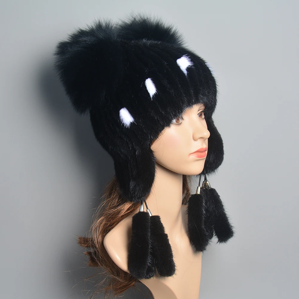 Hats For Women Natural Mink Fur Tails Earflap Winter Bomber Hat Women Real Fur Knitted Beanie Hat