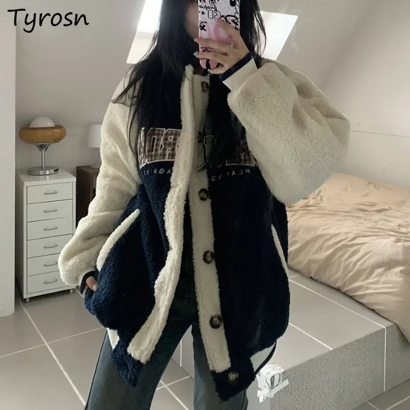 

Basic Jackets Women Thicker Letter Embroidery Patchwork Button-up Loose Female Long Sleeve Coats Keep Warm Fluffy Autumn Winter