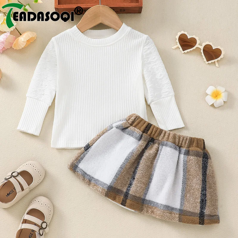 6-24M Todder Baby Girls Clothing Outfit Autumn Winter Kids Infant Long Sleeve Printed Knit Crew Neck Top+Plaid Skirt 2Pcs Set