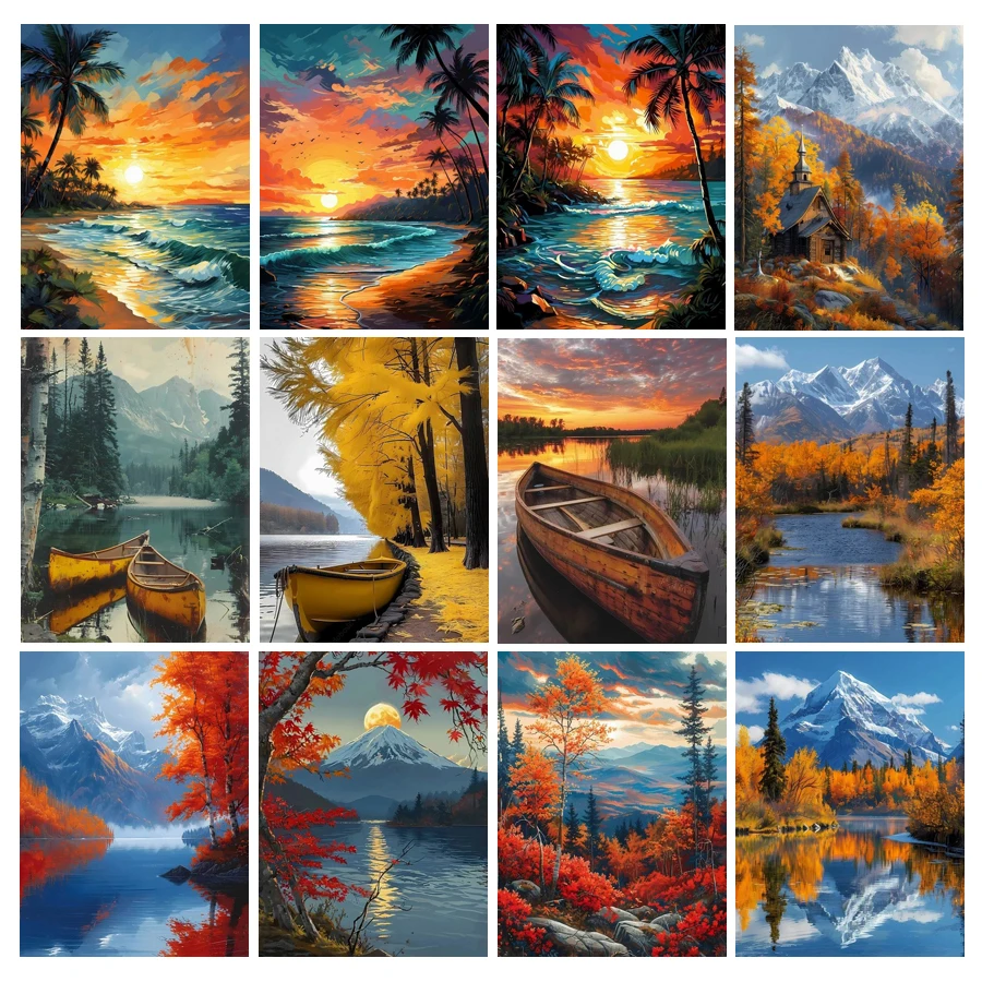 Diy Full Mosaic Art Sunset Sea Boat Diamond Painting New Collection 2024 Snowy Mountain Scenery Rhinestone Embroidery Picture