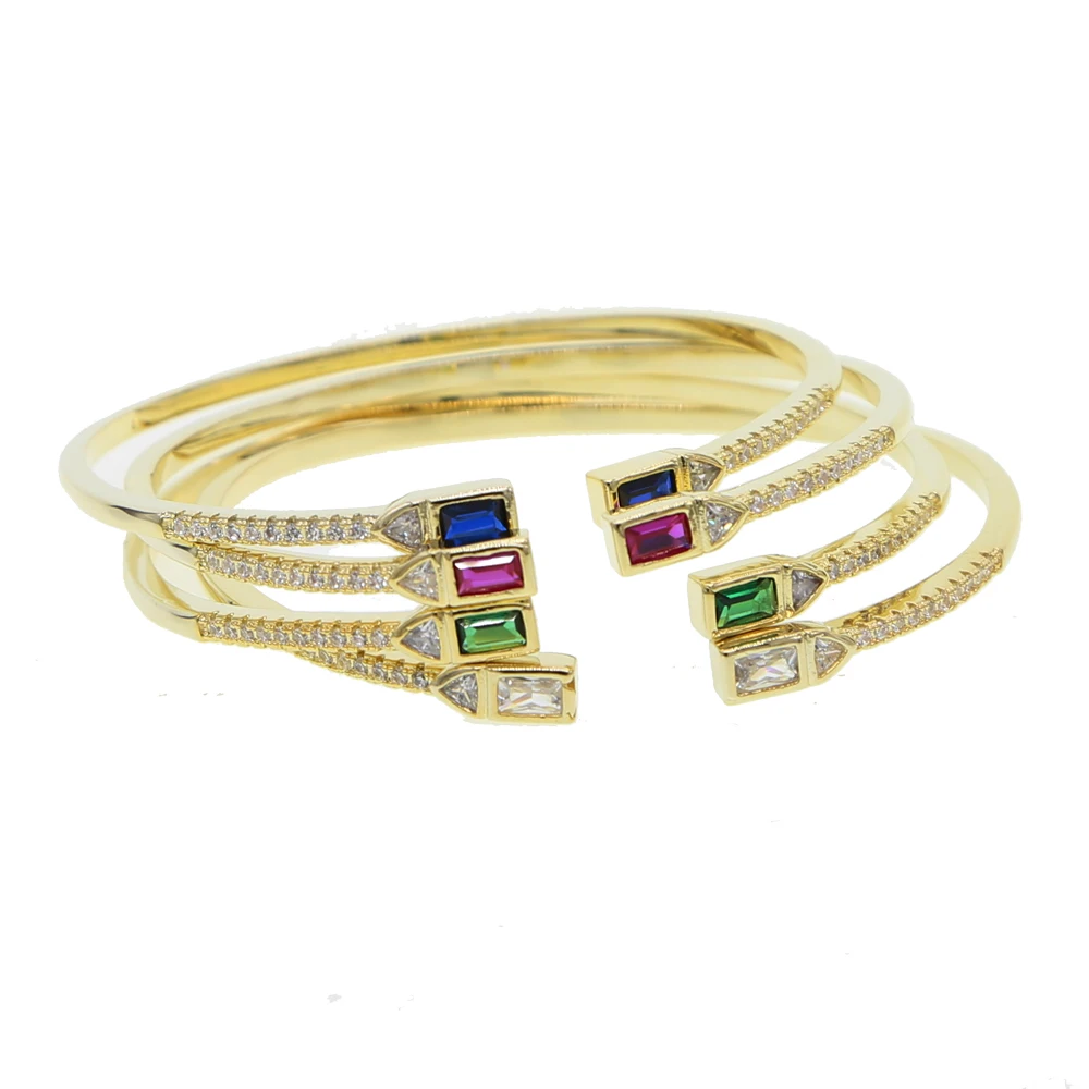 Gold color filled blue green red white rectangle cubic zirconia Open cuff bangle bracelet women fashion jewelry