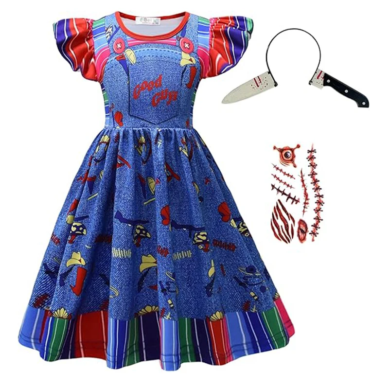 Disfraz de Halloween para niños, juego de rol, vestido Chucky + diadema con pegatina, conjuntos de 3 uds para niños, vestido de actuación escénica de Carnaval