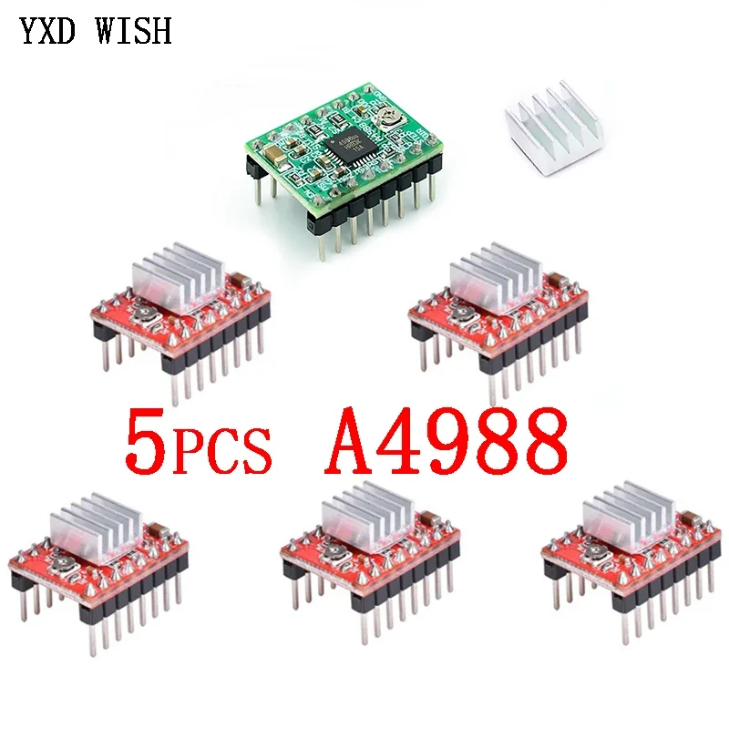 5 pz A4988 StepStick Stepper Driver + dissipatore di calore per Reprap parti della stampante 3D Driver motore passo-passo rosso con accessori