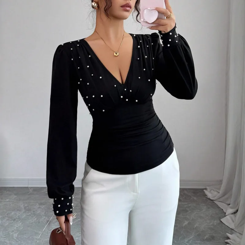 

V-Neck Pearl Solid Color Long Sleeve Women's T-Shirt Fashion Slim Fit Autumn Temperament Daily Commute Wear Inside Outside Top
