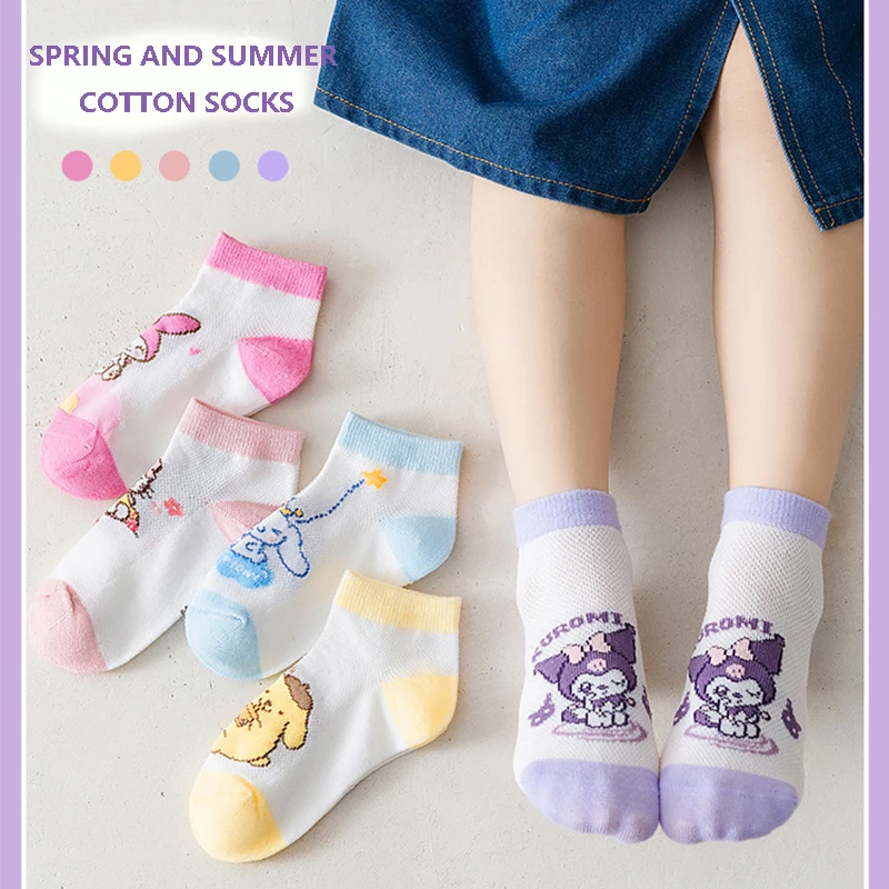 5 Pairs /lot Hello Kitty Cotton Socks Anime Sanrio Kuromi Summer Breathable Mesh Socks Cinnamoroll Cartoon Socks Children 1-12Y