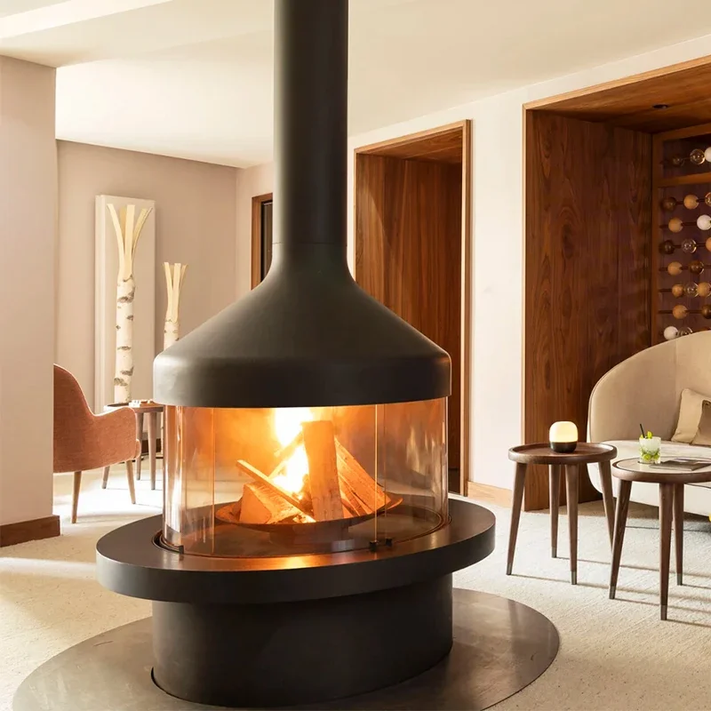 True Fire Burning Wood Alcohol Simulation Carbon Hanging Fireplace Custom Horn Design for Home Bed Breakfast Villa