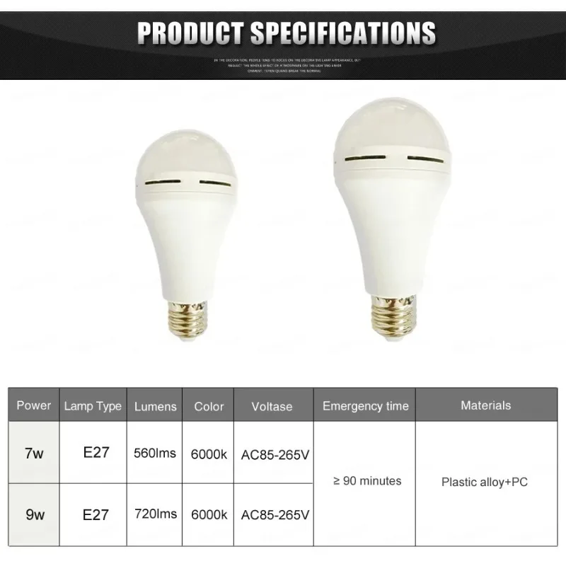 LED Emergency Light Bulb E27 9W 12W 15W Rechargeable Battery Lighting Lamp AC 85-265V Intelligent Light Energy Saving
