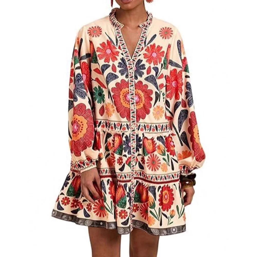 Sukienka w stylu boho z kwiatowym wzorem, seksowny krój, fabrycznie nowa, materiał poliestrowy, luźny krój, zapinana na guziki z przodu, strój na wakacje.