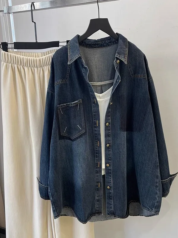 

Loose Women's Denim Shirt Long Sleeve Retro Korean Style Layering Outerwear Autumn Winter plus Size Slimming European Fashion