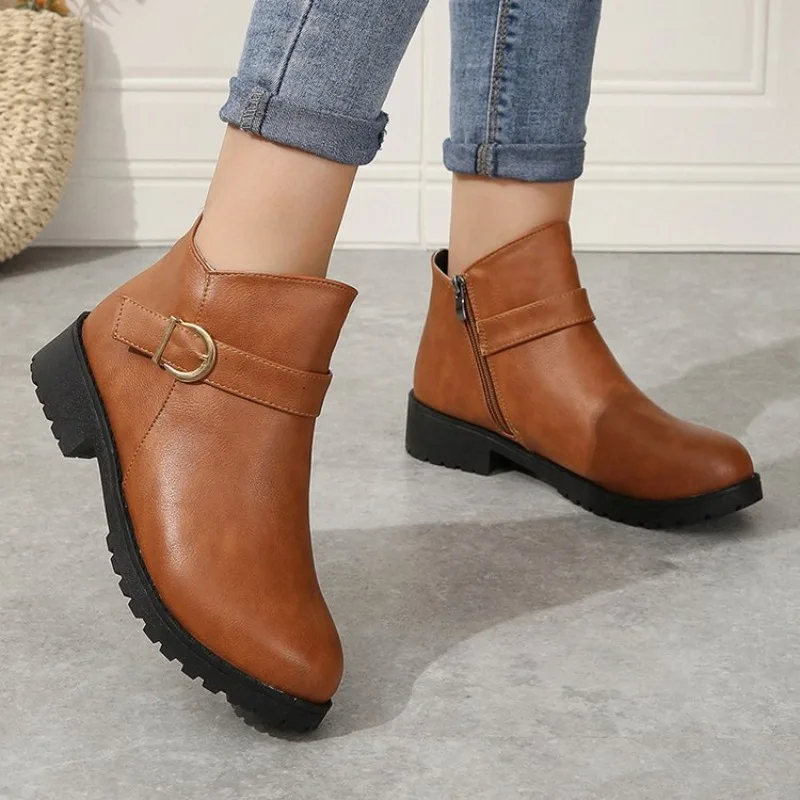 Retro Buckle Strap Ankle Boots Women Low Heels Brown Platform PU Leather Boots Woman 2024 Autumn Side Zipper Short Botas