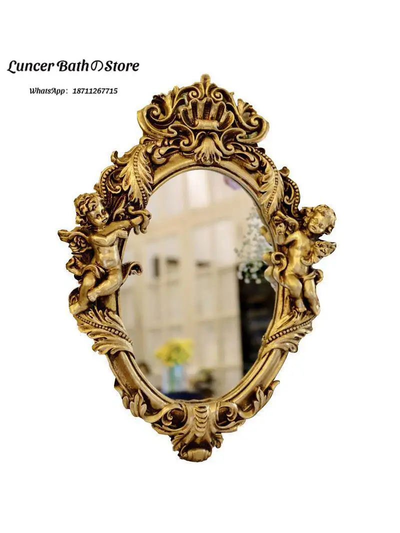 Light luxury retro baroque old gold relief angel vanity mirror wall hanging mirror