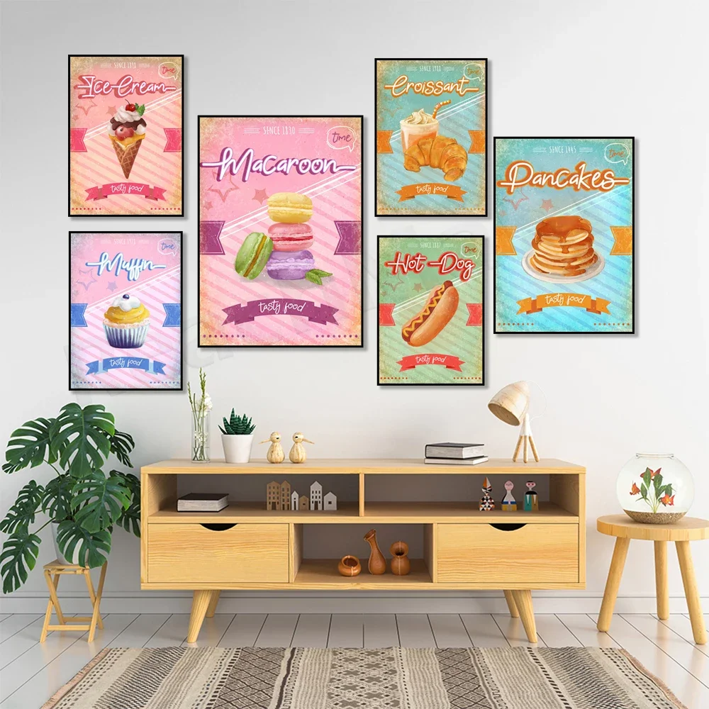 Pancakes, hot dogs, muffins, donuts, ice cream, cakes, croissants, macaroons canvas painting kitchen decor gourmet poster